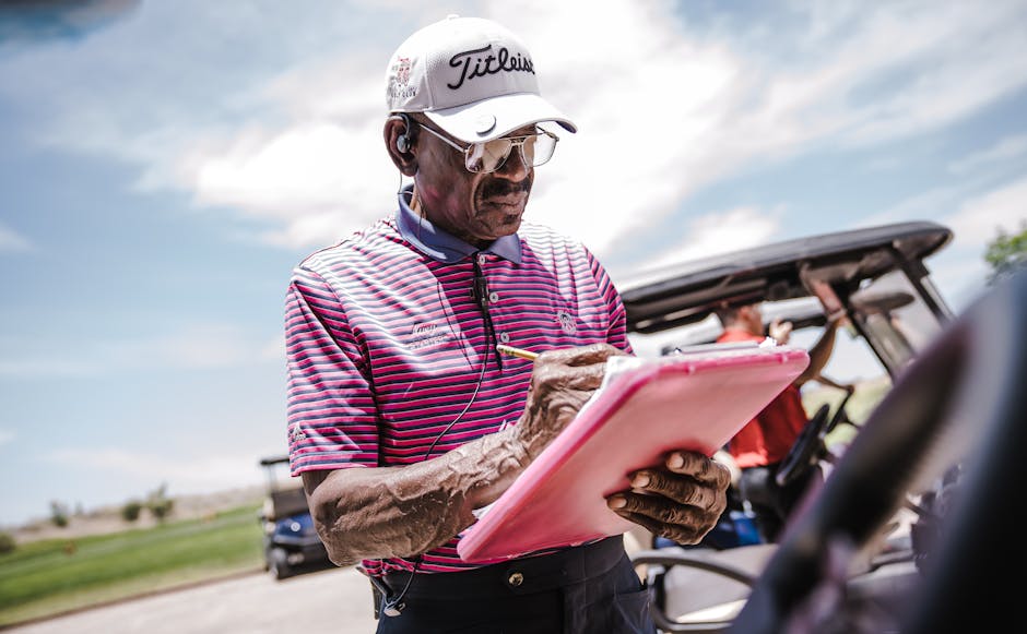 Senior man in golf attire writing on clipboard outdoors on a sunny day.