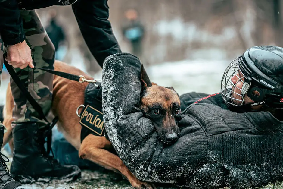 A police dog in training with officers in a snowy outdoor setting, showcasing skills and teamwork.