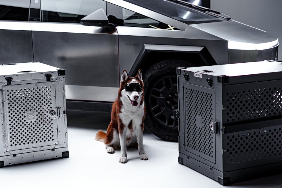 Siberian Husky with sleek dog crates and a futuristic vehicle in a modern studio setting.