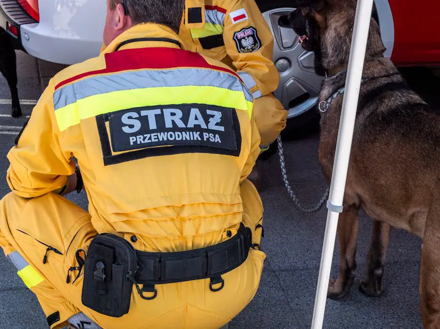 Search and rescue personnel with a trained dog in yellow uniform on duty.