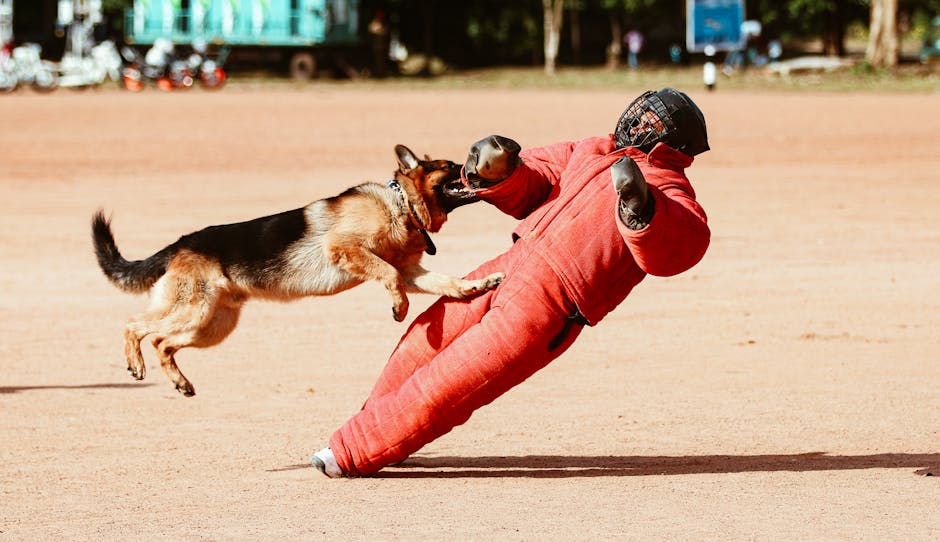 German Shepherd attacks a trainer in safety gear during an outdoor training session.