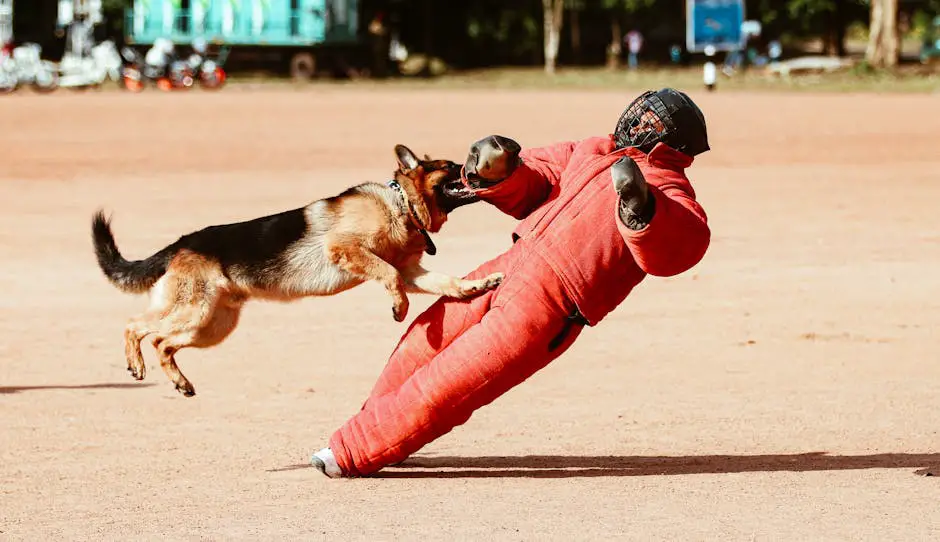 German Shepherd attacks a trainer in safety gear during an outdoor training session.