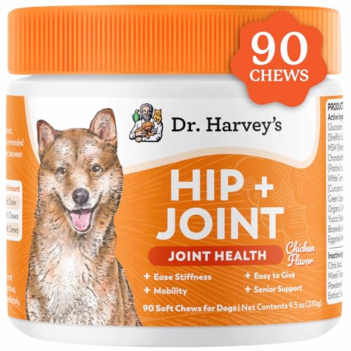 Dr. Harvey's Hip & Joint Soft Chews for Dogs, Daily Mobility Supplement Chewable Bites for Dogs with Glucosamine, Chondroitin & MSM, Green Lipped Mussel, Chicken Flavor (90 Chews)
